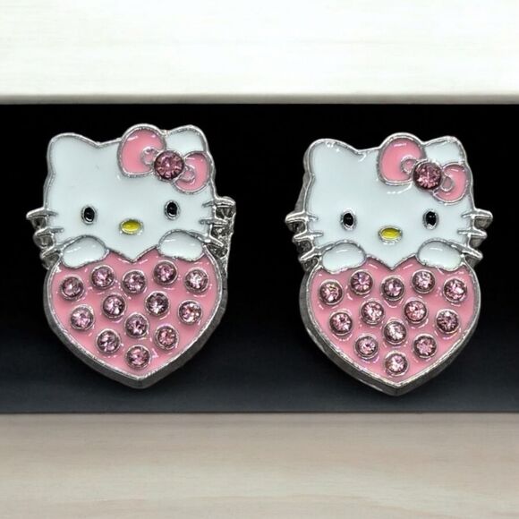 Hello Kitty Earrings Pink Rhinestone Enamel Heart Pierced Ears Cat Studs Jewelry - Picture 1 of 4